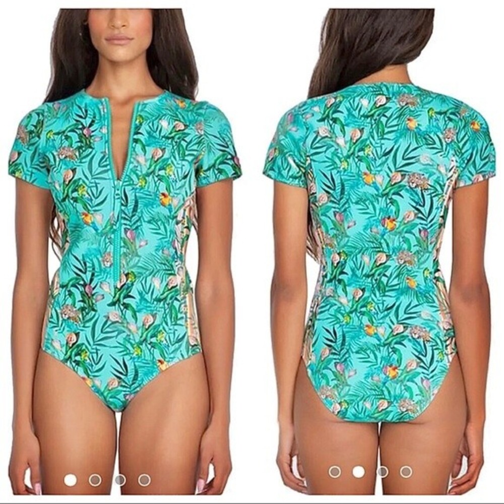 NWT Johnny Was Taina Floral One Piece Swimsuit Blue Turquoise Neoprene Size L